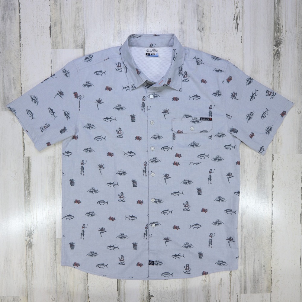 Salt Life SLX Shirt Mens Large Gray Hawaiian Hula Fish Print Short Sleeve